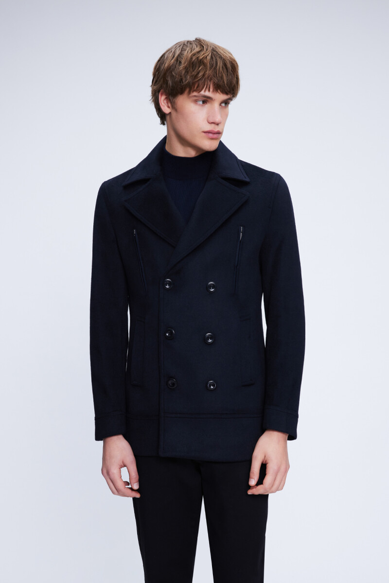 Lacivert Slim Fit Düz Kruvaze Yünlü Kaşe Kaban - Hatemoğlu