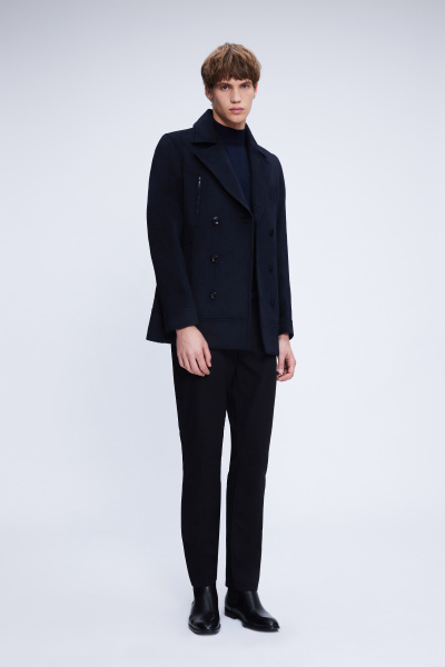 Lacivert Slim Fit Düz Kruvaze Yünlü Kaşe Kaban - 2