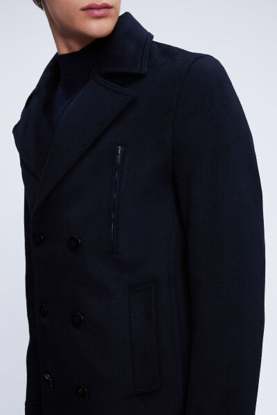 Lacivert Slim Fit Düz Kruvaze Yünlü Kaşe Kaban - 3