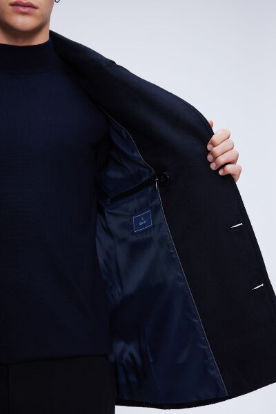 Lacivert Slim Fit Düz Kruvaze Yünlü Kaşe Kaban - 4