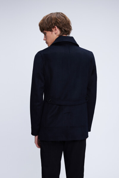 Lacivert Slim Fit Düz Kruvaze Yünlü Kaşe Kaban - 5