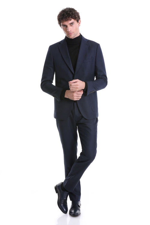 HTML - Lacivert Slim Fit Düz Mono Yaka Casual Flanel Takım Elbise