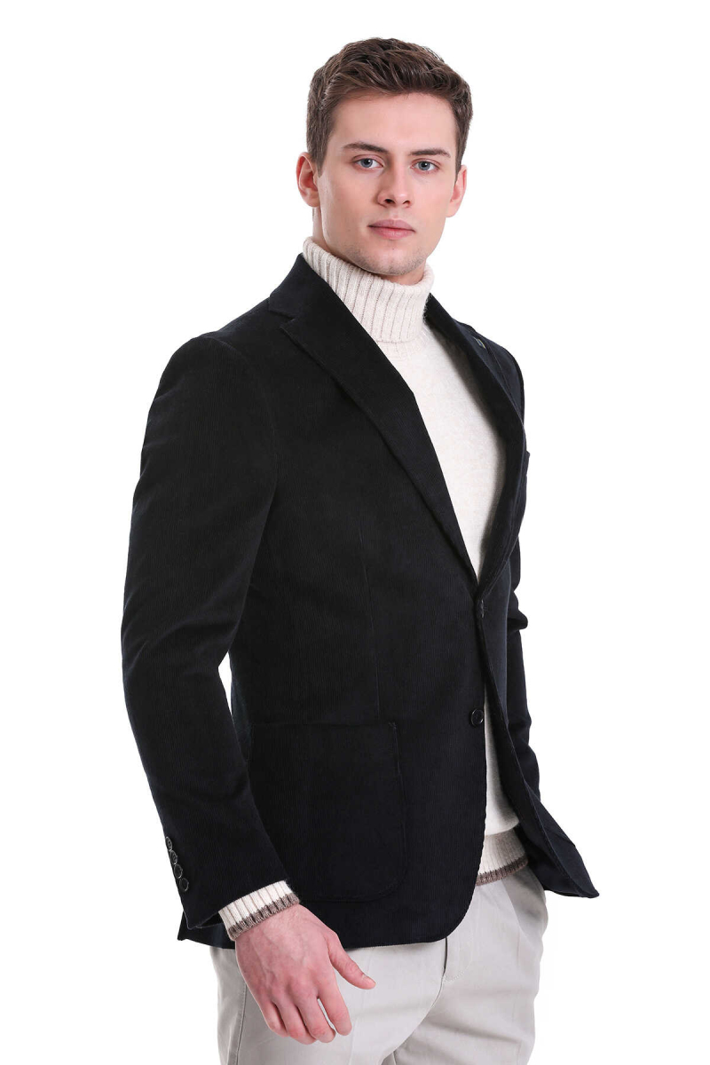Lacivert Slim Fit Düz Mono Yaka Pamuklu Kadife Ceket - HATEMOĞLU