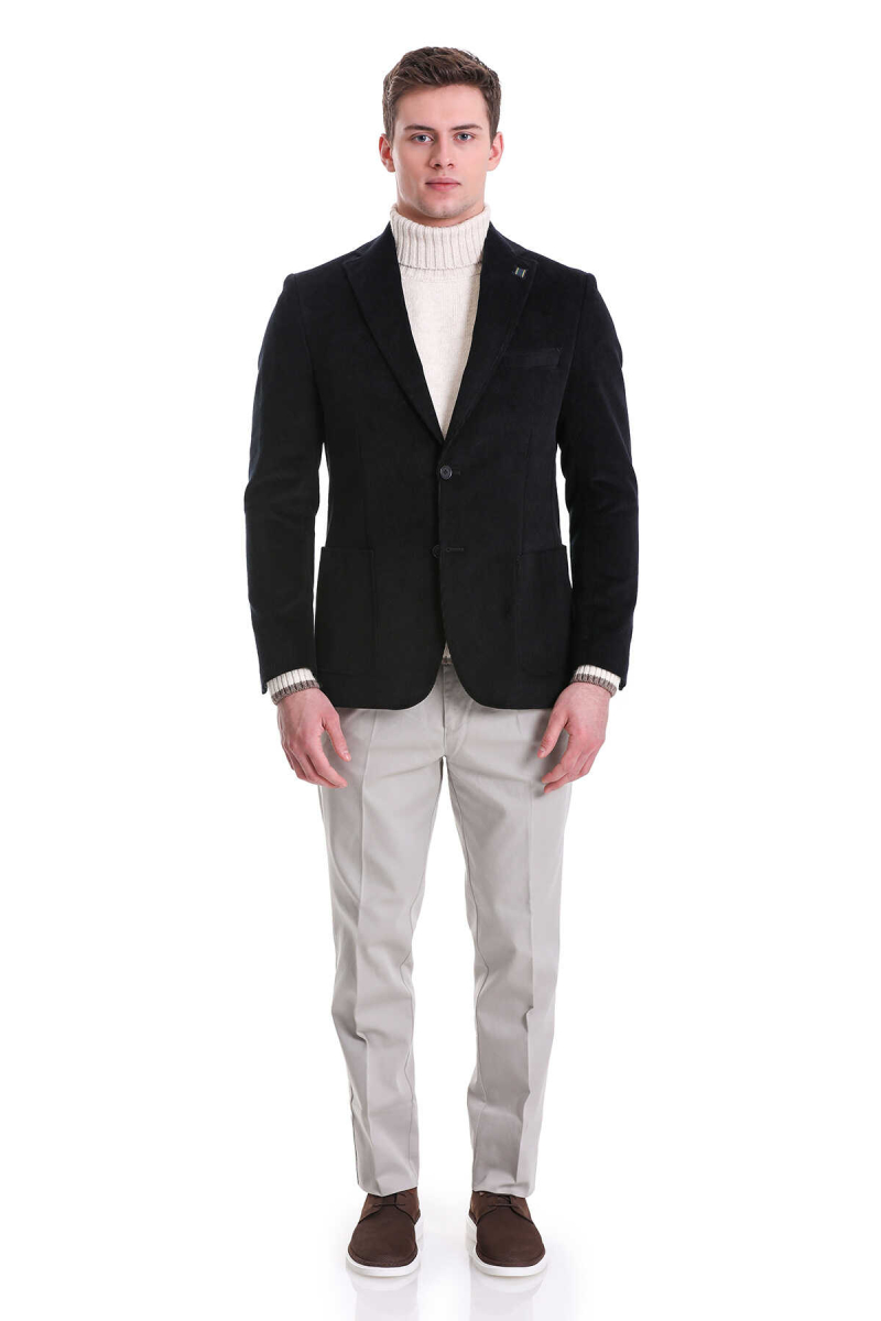 Lacivert Slim Fit Düz Mono Yaka Pamuklu Kadife Ceket - HATEMOĞLU (1)