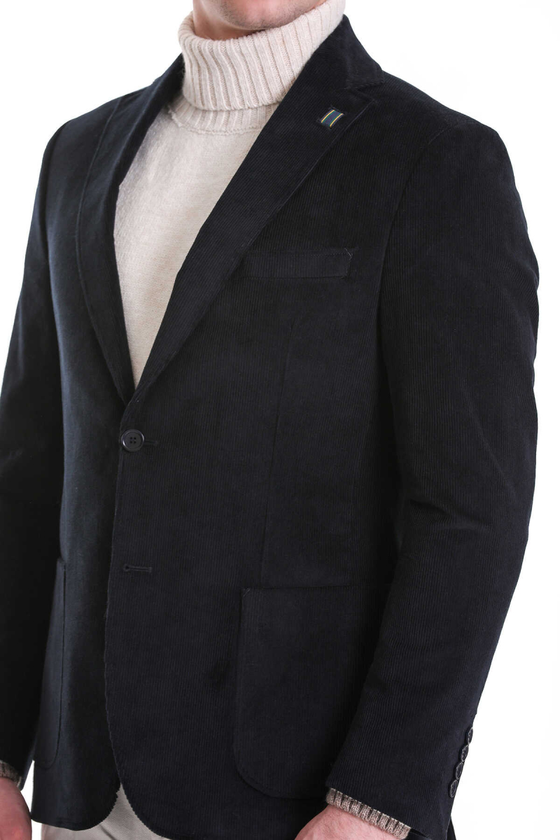 Lacivert Slim Fit Düz Mono Yaka Pamuklu Kadife Ceket - HATEMOĞLU (1)
