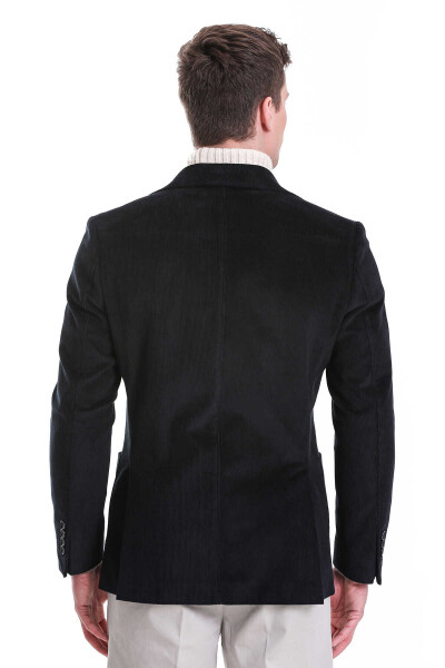 Lacivert Slim Fit Düz Mono Yaka Pamuklu Kadife Ceket - 6