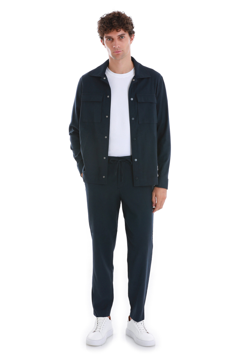 Lacivert Slim Fit Mono Yaka Pamuklu Overshirt Takım - Hatem Saykı