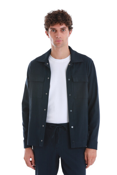 Lacivert Slim Fit Mono Yaka Pamuklu Overshirt Takım - 2