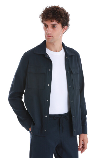 Lacivert Slim Fit Mono Yaka Pamuklu Overshirt Takım - 3