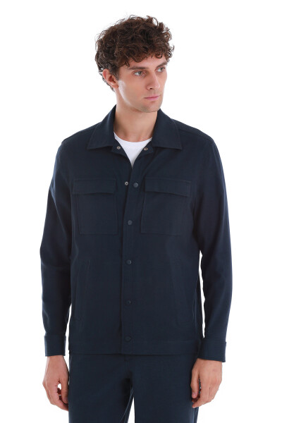 Lacivert Slim Fit Mono Yaka Pamuklu Overshirt Takım - 4