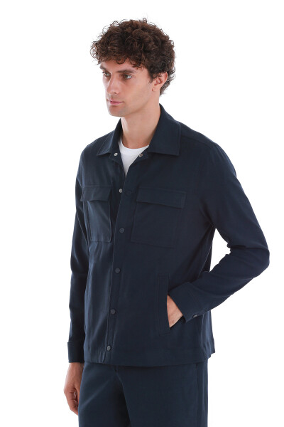 Lacivert Slim Fit Mono Yaka Pamuklu Overshirt Takım - 5