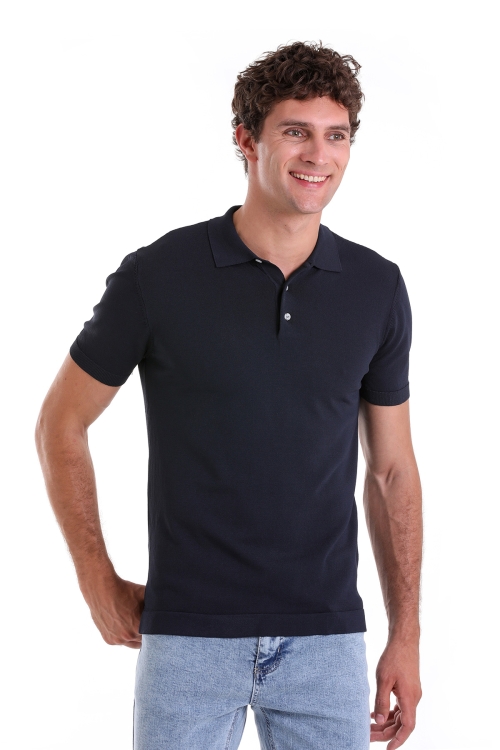 Hatem Saykı - Lacivert Comfort Fit Düz Polo Yaka Rayon Triko Tişört