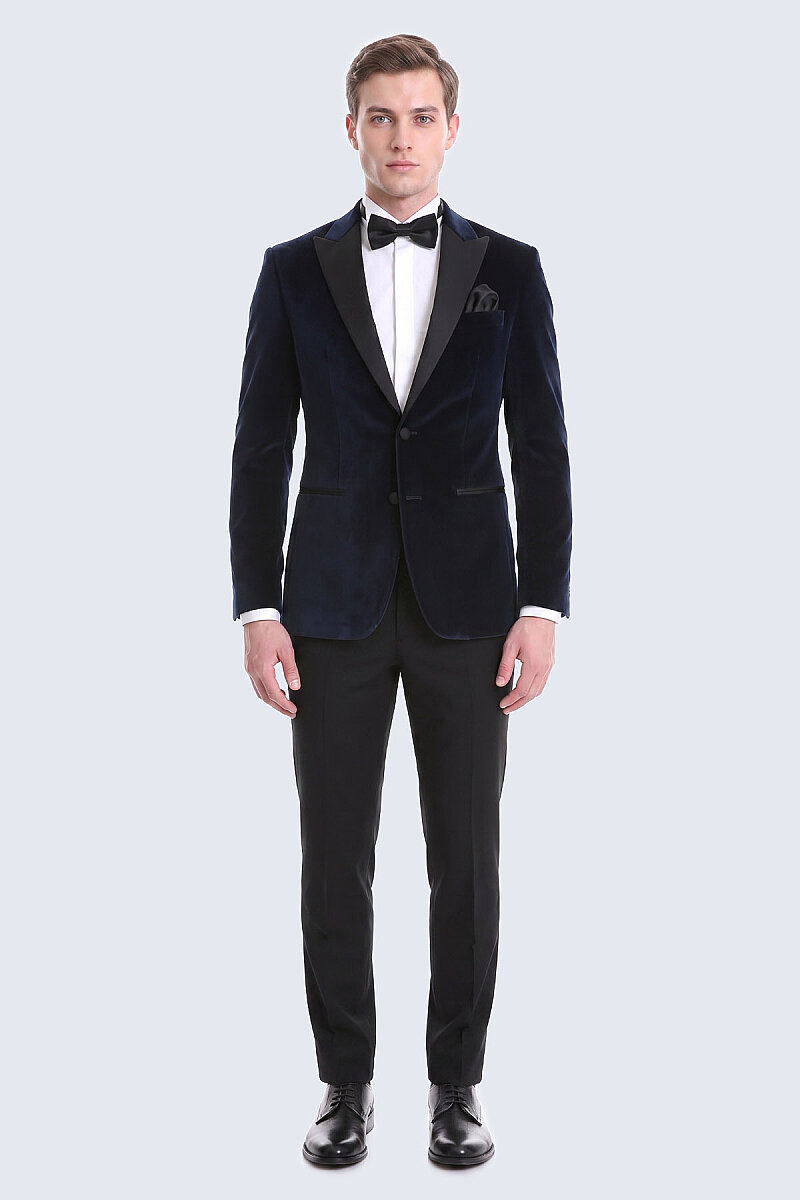 Lacivert Slim Fit Sivri Yaka Kadife Klasik Smokin Damatlık