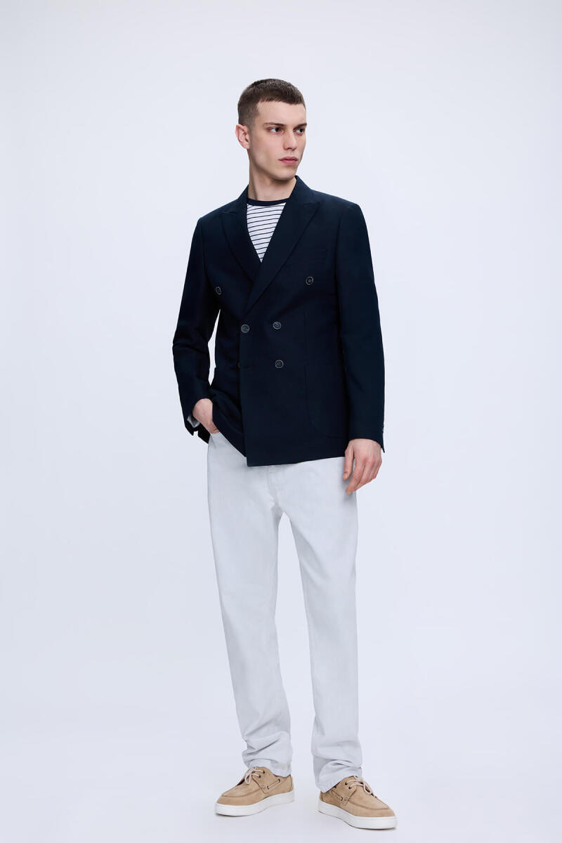Lacivert Slim Fit Sivri Yaka Kruvaze Klasik Ceket