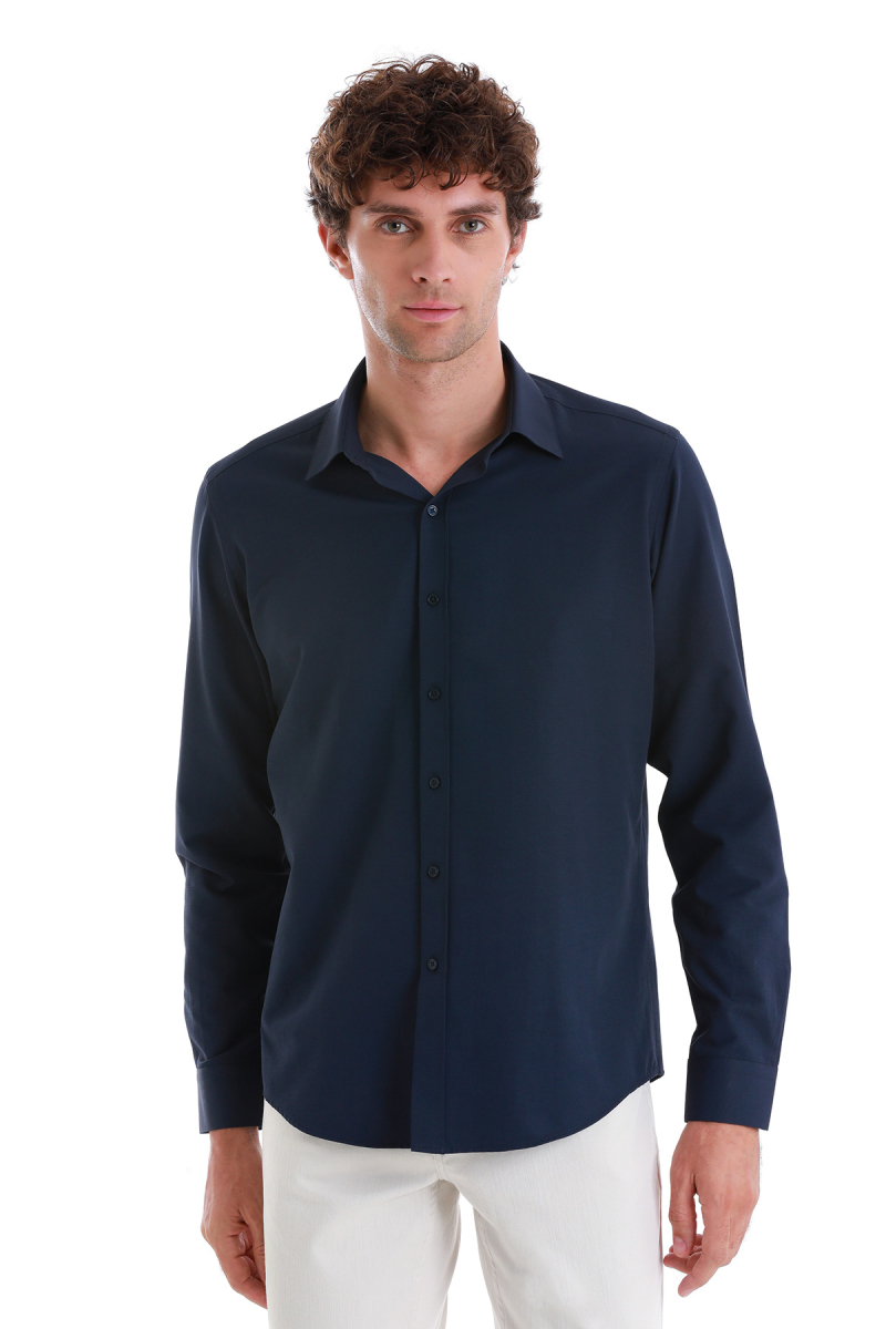 Lacivert Slim Fit Slim Yaka Pamuklu Uzun Kollu Gömlek - Hatemoğlu