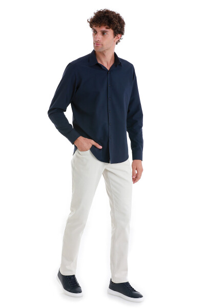 Lacivert Slim Fit Slim Yaka Pamuklu Uzun Kollu Gömlek - 2
