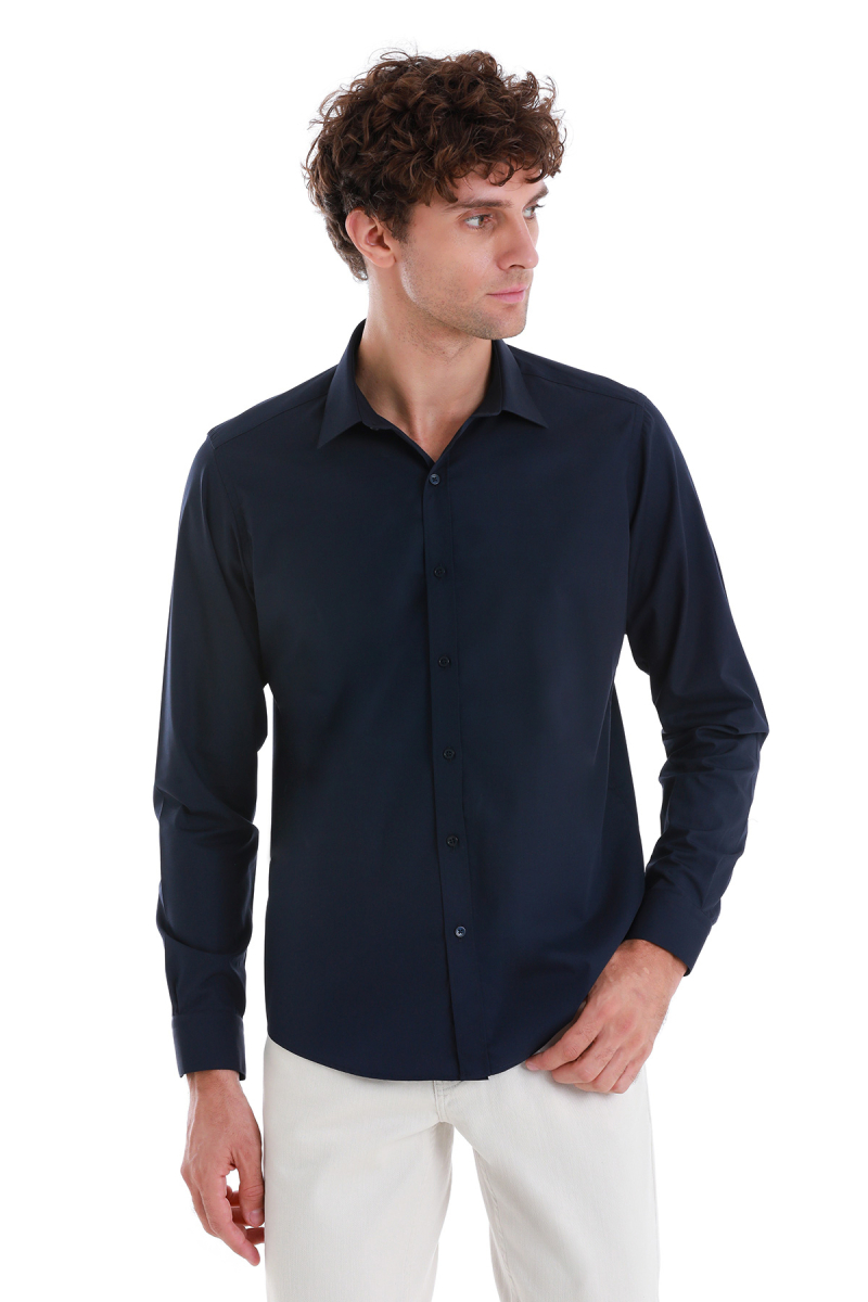 Lacivert Slim Fit Slim Yaka Pamuklu Uzun Kollu Spor Gömlek - Hatemoğlu