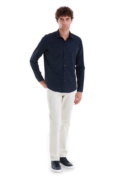 Lacivert Slim Fit Slim Yaka Pamuklu Uzun Kollu Spor Gömlek - 2