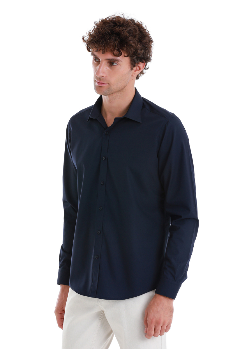 Lacivert Slim Fit Slim Yaka Pamuklu Uzun Kollu Spor Gömlek - Hatemoğlu (1)