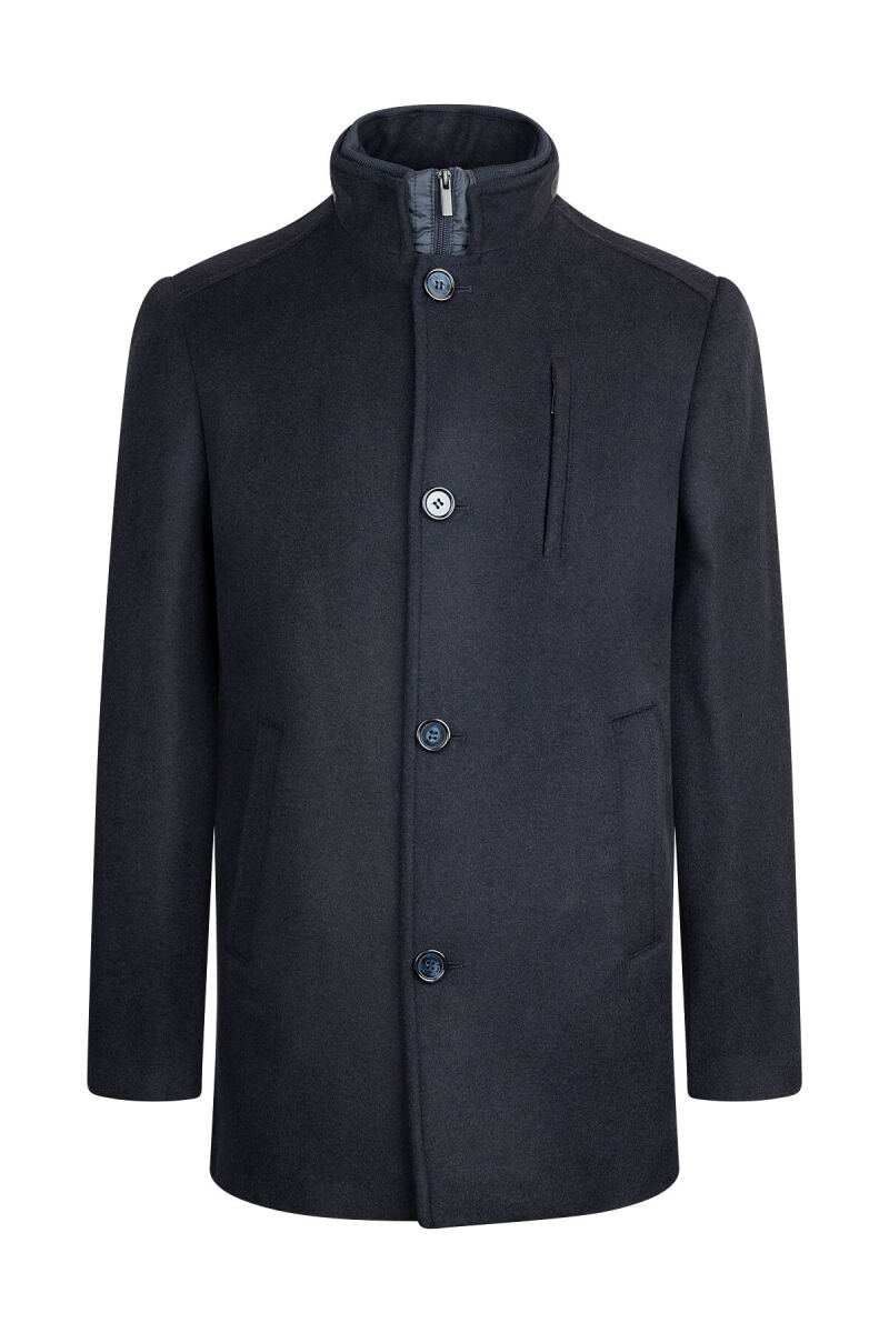 Lacivert Slim Fit Hakim Yaka Yünlü Basic Palto - Hatem Saykı