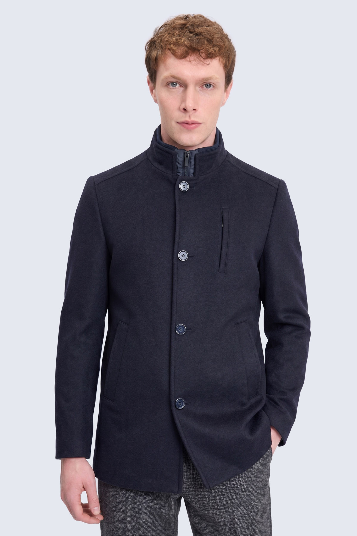 Lacivert Slim Fit Hakim Yaka Yünlü Basic Palto - 1