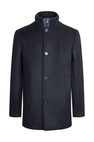 Lacivert Slim Fit Hakim Yaka Yünlü Basic Palto 