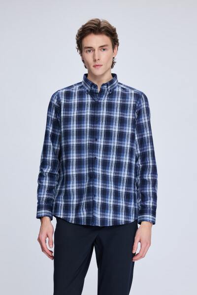 Lacivert Slim Fit Kareli Düğmeli Yaka Uzun Kollu Pamuklu Gömlek 