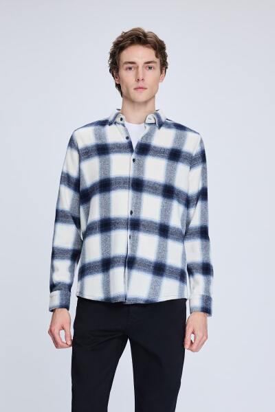 Lacivert Slim Fit Kareli Düğmeli Yaka Uzun Kollu Pamuklu Gömlek 
