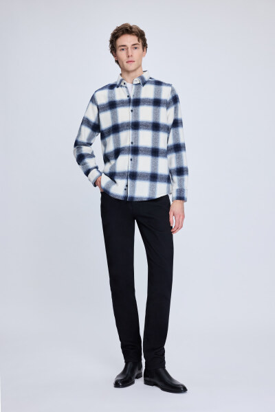 Lacivert Slim Fit Kareli Düğmeli Yaka Uzun Kollu Pamuklu Gömlek - 2