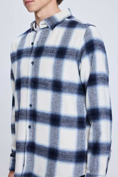 Lacivert Slim Fit Kareli Düğmeli Yaka Uzun Kollu Pamuklu Gömlek - 4