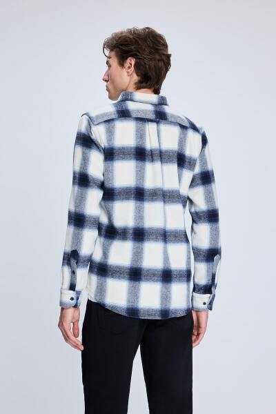 Lacivert Slim Fit Kareli Düğmeli Yaka Uzun Kollu Pamuklu Gömlek - 5