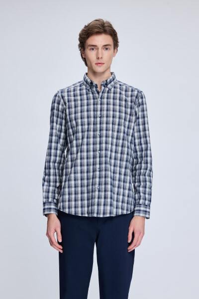 Lacivert Slim Fit Kareli Düğmeli Yaka Uzun Kollu Pamuklu Gömlek 
