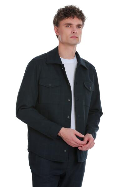 Lacivert Slim Fit Kareli Mono Yaka Overshirt Takım 