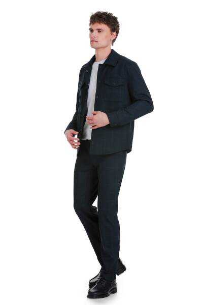 Lacivert Slim Fit Kareli Mono Yaka Overshirt Takım 