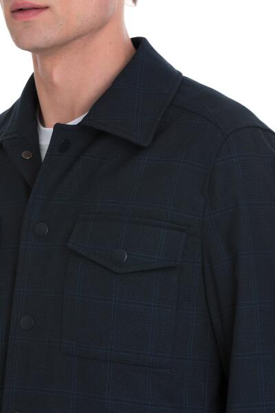 Lacivert Slim Fit Kareli Mono Yaka Overshirt Takım - 3