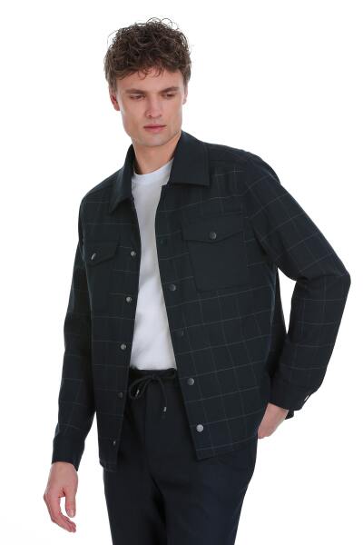 Lacivert Slim Fit Kareli Mono Yaka Overshirt Takım 