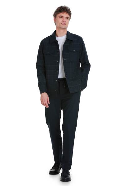 Lacivert Slim Fit Kareli Mono Yaka Overshirt Takım 