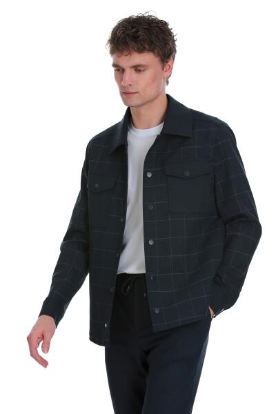Lacivert Slim Fit Kareli Mono Yaka Overshirt Takım - 3