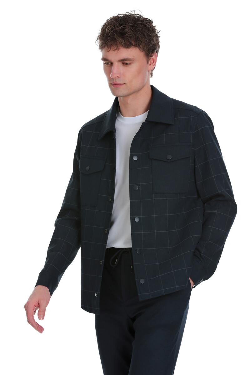 Lacivert Slim Fit Kareli Mono Yaka Overshirt Takım - Saykı (1)