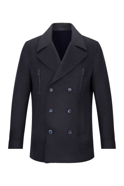 Lacivert Slim Fit Kruvaze Yünlü Kaşe Kaban 