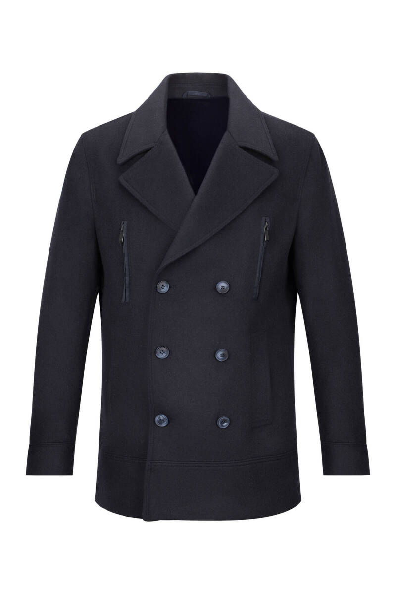 Lacivert Slim Fit Kruvaze Yünlü Kaşe Kaban - Saykı