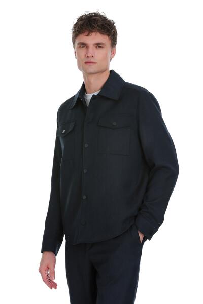 Lacivert Slim Fit Mono Yaka Casual Overshirt Takım 