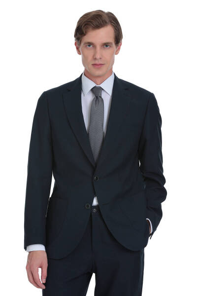 Lacivert Slim Fit Mono Yaka Keten Takım Elbise - 2