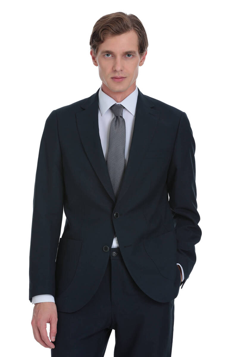 Lacivert Slim Fit Mono Yaka Keten Takım Elbise - Saykı (1)