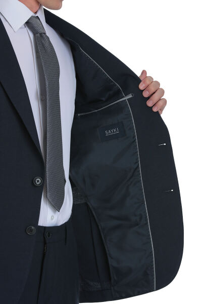 Lacivert Slim Fit Mono Yaka Keten Takım Elbise - 6