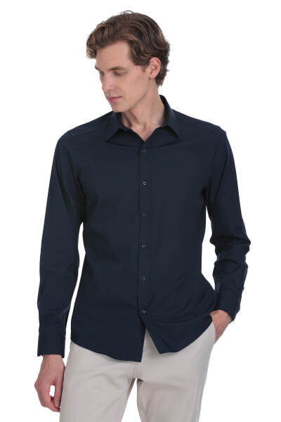 Lacivert Slim Fit Slim Yaka Pamuklu Uzun Kollu Gömlek - 3