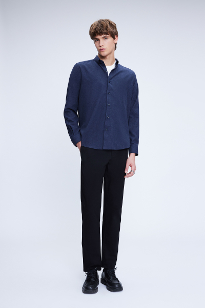 Lacivert Slim Fit Uzun Kol Düğmeli Yaka Flanel Gömlek - 2