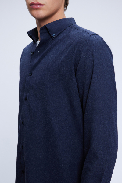 Lacivert Slim Fit Uzun Kol Düğmeli Yaka Flanel Gömlek - 4