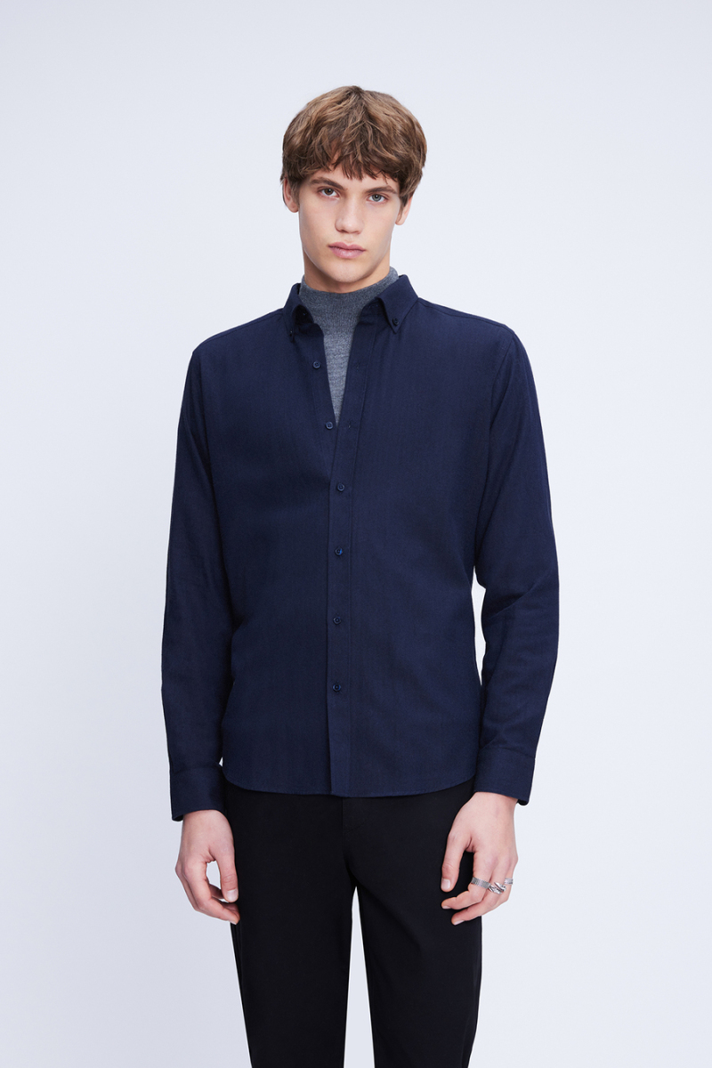 Lacivert Slim Fit Uzun Kol Düğmeli Yaka Flanel Gömlek - Hatem Saykı