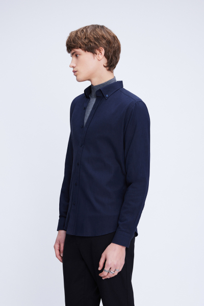 Lacivert Slim Fit Uzun Kol Düğmeli Yaka Flanel Gömlek - 3